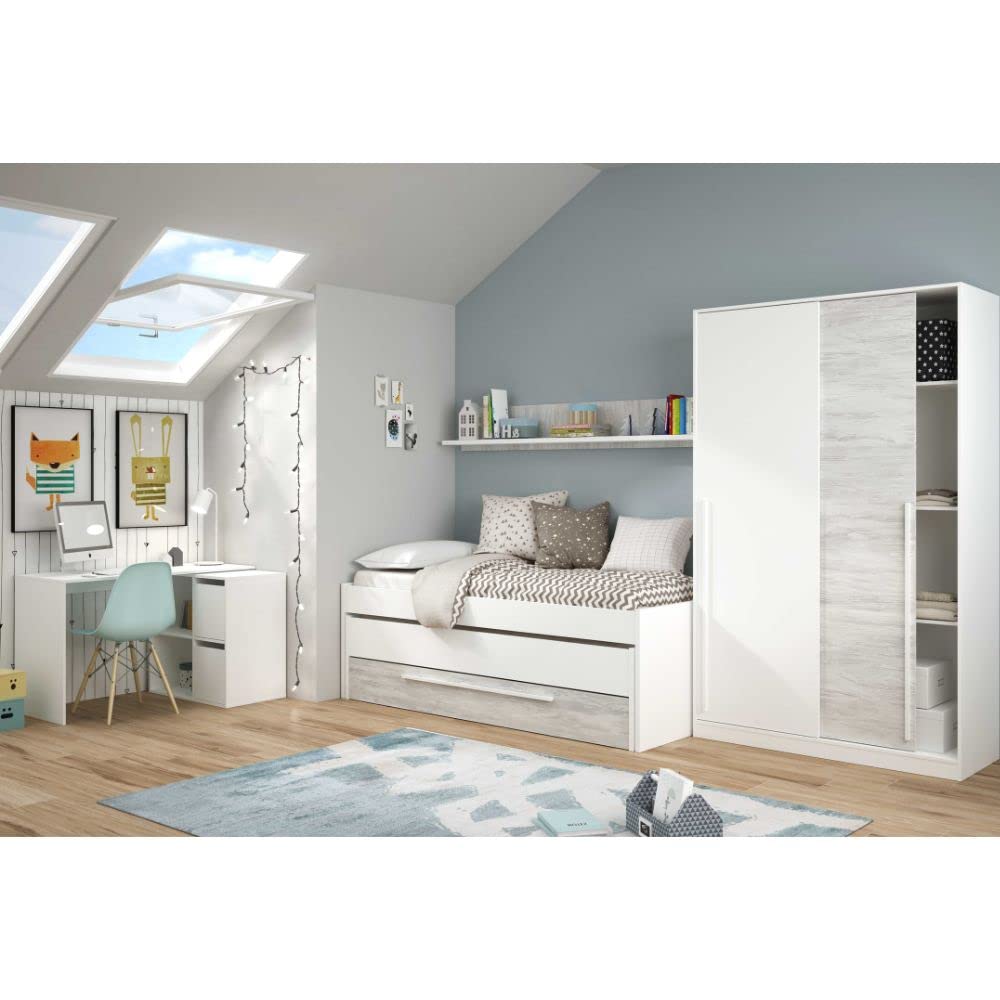 Mobelcenter, Cama Nido Juvenil Elliot 2 Camas 1 Cajón 1 Estante, Cama Doble Juvenil con 2 Camas 1 Cajón, Color Blanco Artik y Blanco Velho, Medidas: Ancho: 199 cm x Fondo: 96 cm x Alto: 65 cm (1383)