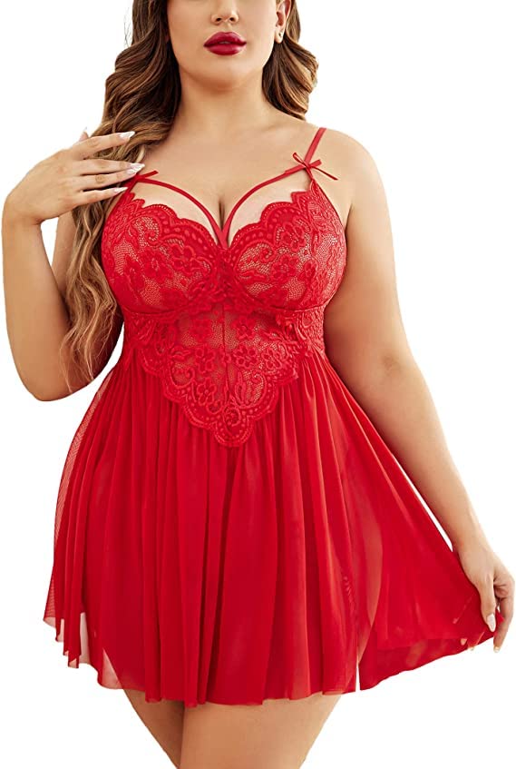 Plus Size Lingerie Lace Babydoll Womens Strap Chemise Nightgown V Neck Nighty Mesh Sleepwear Side Slit Nightdress-image-10