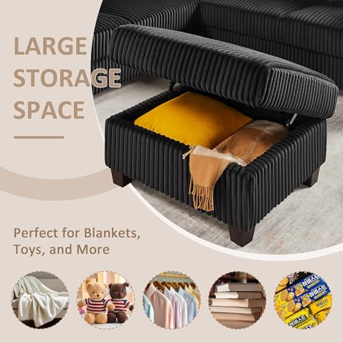 90.6" V-Shaped Sectional Sofa with Storage Ottoman, Corduroy Black - Image 4