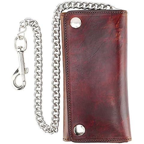 RFID Blocking Men's Tri-fold Vintage Long Style Cowhide Top Grain Leather with Steel Chain card holder Wallet,Snap closure, Made In USA,G-ab339,Antique-brown Cover