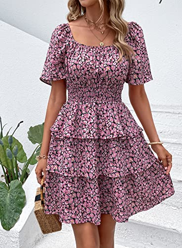 Image of PRETTYGARDEN Women's Summer Floral Ruffle Short Dress | Short Sleeve Square Neck, Flowy Tiered Hem, Fit and Flare, Flower Boho Dresses, Cute Beach Vacation Outfits, Fashion Clothing