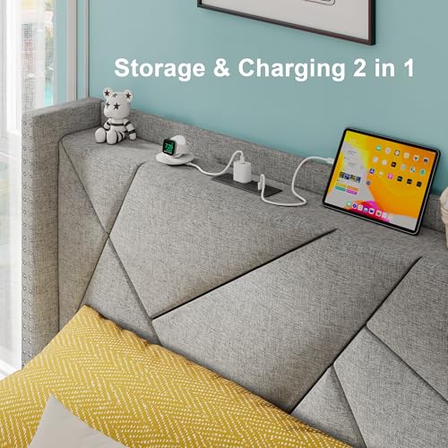 Feonase Upholstered Storage Bed Frame Twin Size with 4 Drawers, Platform Bed with Charging Station & Wingback Headboard, Solid Wood Slats Support, Light Gray