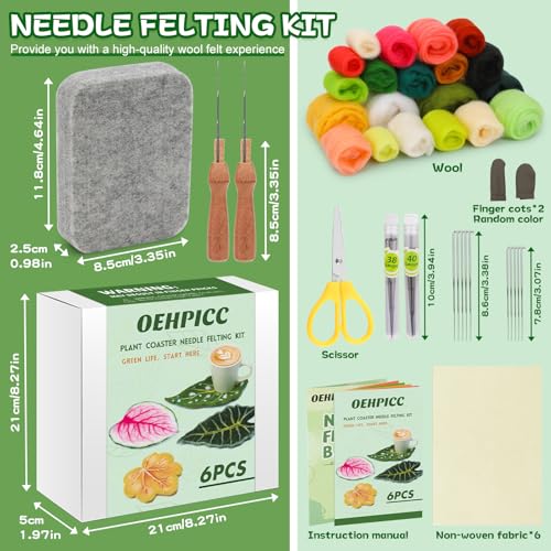 Image of OEHPICC Needle Felting Kit, 6 Pcs Plant Leaf Coasters Needle Felting Starter Kit,Wool Felting Kit with Wool Roving, Foam Pad and Instructions for DIY Felting Starters