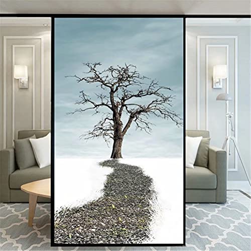 Non Adhesive Decorative Privacy Frosted Window Film Old Tree Pattern Glass Door Window Covering Window Decals Window Sticker for Home Office 60x200cm(23.6
