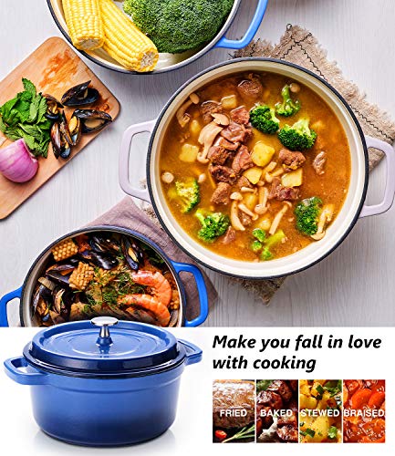 SULIVES 5 Quart White Enameled Cast Iron Dutch Oven with Lid bread baking Pot use on gas electric oven for 4-6 people(Dark Blue)