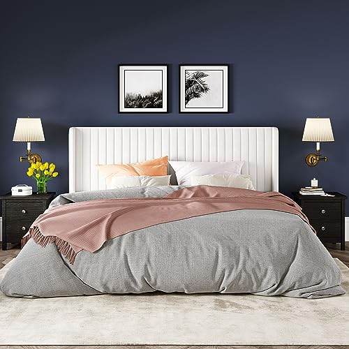 Allewie King Size Velvet Bed Frame/Vertical Channel Tufted Wingback Headboard/Upholstered Platform Bed/No Box Spring Needed/Strong Wooden Slats/Easy Assembly/White