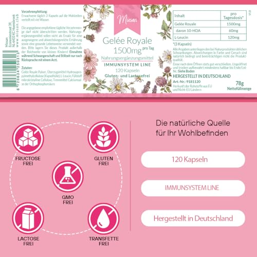 Gelée Royale 1500mg - IMMUNSYSTEM LINE - mit 1500mg davon 60mg 10-HDA - 120 Kapseln - Hochdosiert - 100% Vegan – Herstellung & Laborprüfung in Deutschland | MIOSAN® CLUB - Exklusives Wohlbefinden