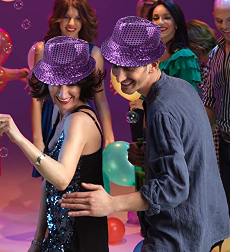Mozlly Glamorous Purple Fedora Disco Hat, Unisex Retro and Funky Costume Sequin Hat, Party Prop, Favor, and Novelty Accessory, Dress Up Cosplay Sequined Hat Accessories for Men and Women – 11 Inch