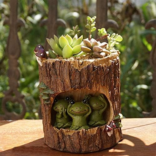 REBORNGOD Creative Tree Hole Story Cute Animal Flower Pot Mini Round Succulent Plant Drainage Resin Flower Pot Hedgehog Theme Home Interior Office Decoration Resin Craft Flower Pot (Frog)