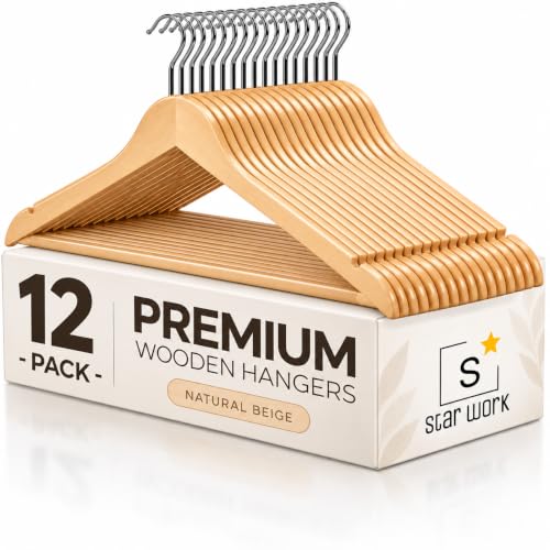 Image of STAR WORK Multi Functional Solid Wooden Suit Hangers, Coat Hangers, Natural Finish with 2 Shoulder Notches 360 Degree Swivel Hook (12)