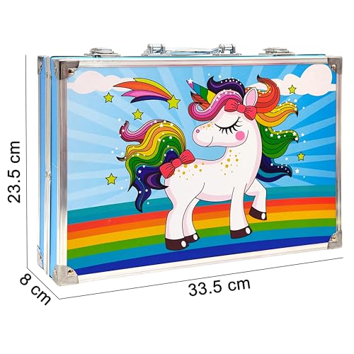 Image of VGRASSP Unicorn Theme 145 Pcs Drawing and Painting Kit Toy for Kids, Boys, Girls - Portable School Stationery Set with Color Sticks, Watercolors, Color Pencils, Sketch Pens