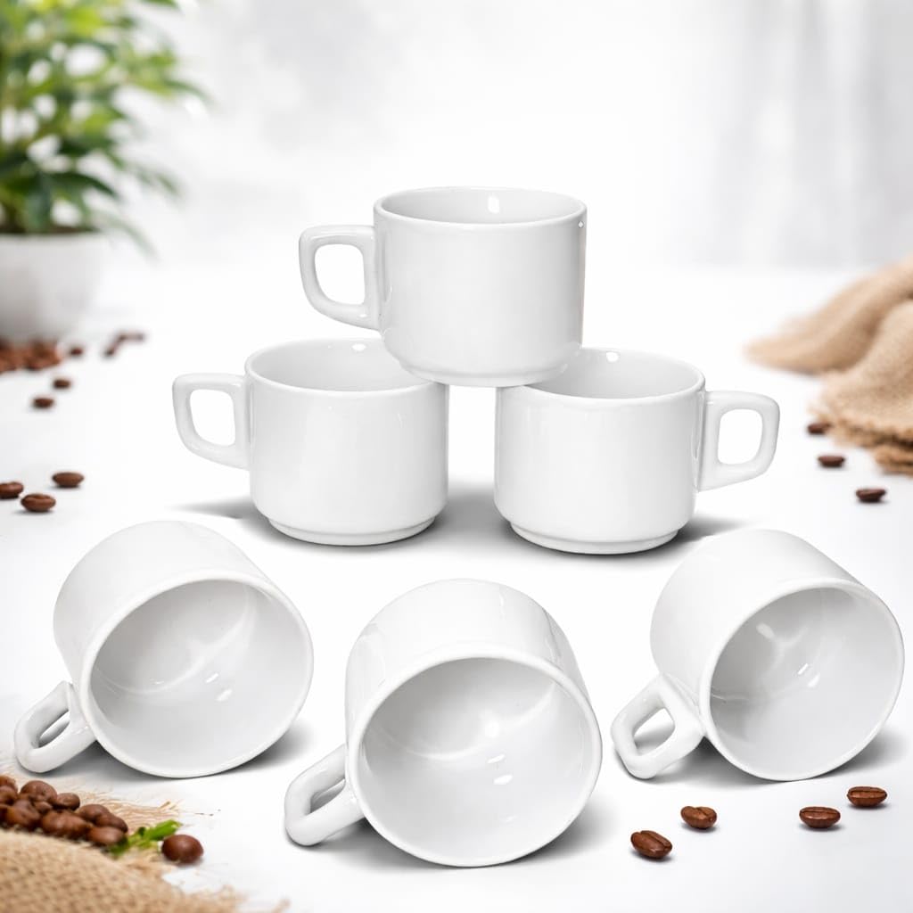Premium White Ceramic Coffee Cup Set of 6 | 150 ml Espresso Tea Cups | Microwave & Dishwasher Safe | Stackable Design | Office Home Café Use Dishwasher and Microwave Safe (Pure White, 150ml, Glossy)-image-21