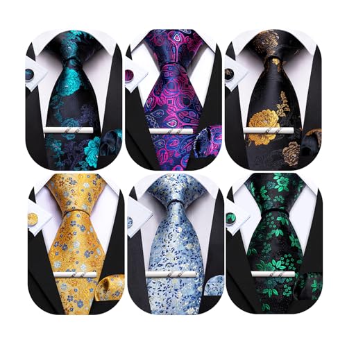 Image of Barry.Wang 6 PCS Men Ties Set Silk Business Fashion Woven Necktie Handkerchief Cufflinks Paisley Stripe Wedding Party