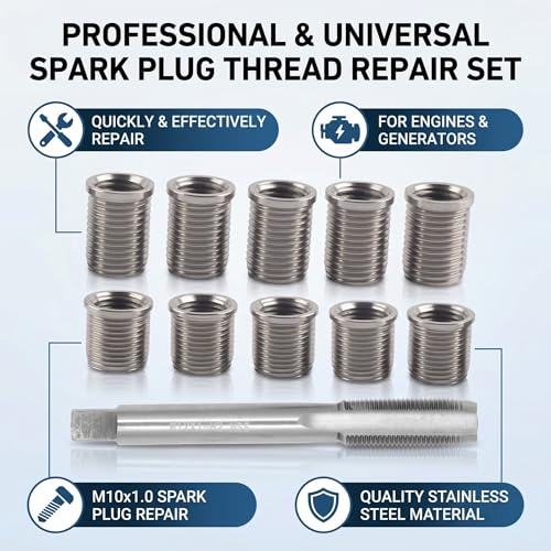 Kit di Riparazione della Filettatura della Candela, 10 Inserti Filettati M10x1.0 e 1 Maschio Filettato M12x1.0, Strumenti per Rubinetto della Candela per la Riparazione delle