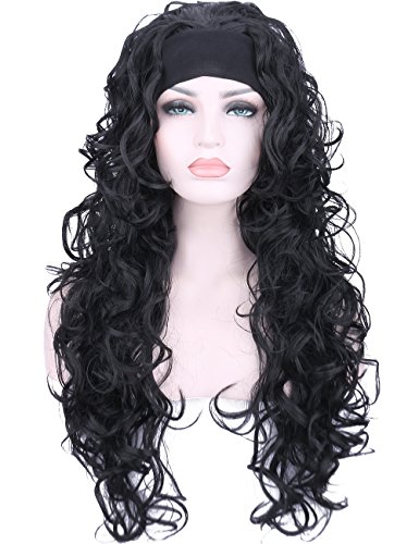 Kalyss 24" Black Curly Wavy Synthetic Hair Wigs for Women Natural Looking 3/4 Half Full Head Women's Hairpiece with Black Headband Costume Cosplay or Daily Wigs