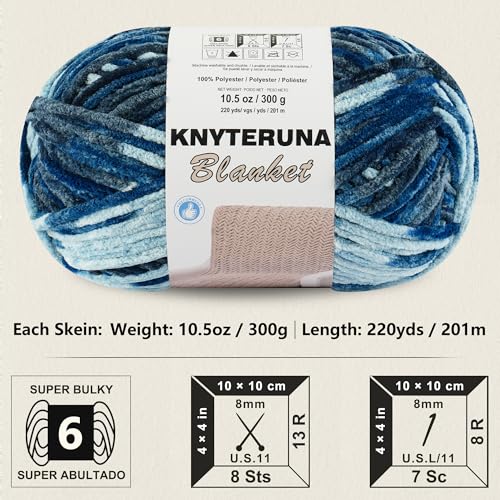 Image of #6 Super Bulky Blanket Yarn for Crocheting - 4 Skeins(Each 10.5oz /300g, 220yds /201m), Chunky Chenille Thick Plush Big Soft Yarn for Crocheting Knitting Blankets, Navy & Multi Blue