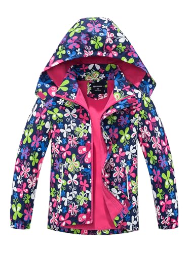 SERENYOU Chaqueta impermeable para niñas con forro polar cortavientos con capucha extraíble, Mariposas, 9-10 años