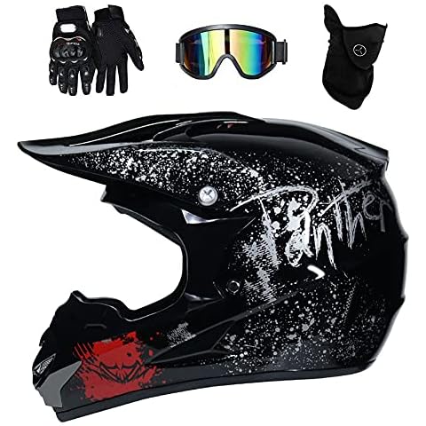 LVLUOKJ Black Full Face Sport Motocross Helmet with Goggles Gloves Mask, Youth Off Road Motorcycle Helmet Professional Downhill ATV MTB BMX Quad Dirt Bike Crash Helmet for Boys Girls Cover