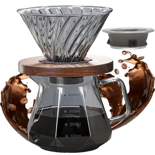 Hand Brewed Glass Coffee Pot with Cover, 400ml / 600ml Glass Pour Over Coffee Maker, Glass Pour Over Coffee Maker with Coffee Dripper for Home, Office (400ml)