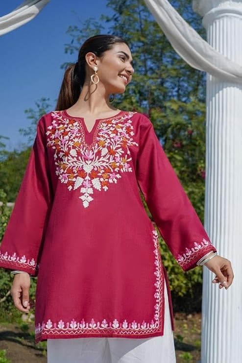 Image of Women's Magenta Embroidered Kurti with Floral Yoke Design