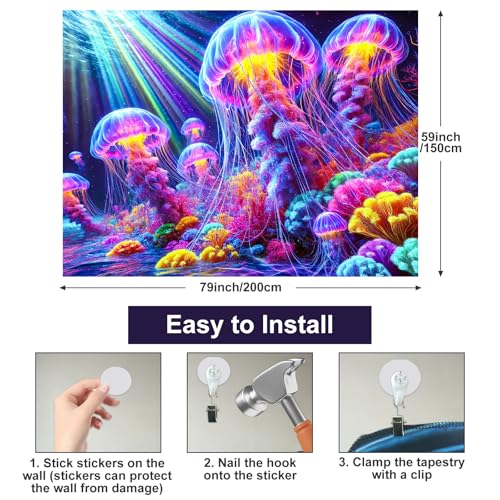Image of BlissYard Black Light Tapestry UV Reactive Tapestry Glow Tapestry Blacklight Tapestry 78x59 Inches Neon Jellyfish Wall Hanging, Fluorescent Art Decoration with Colorful Sea Life, Oceanic Theme