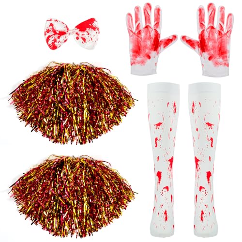BTHRORO Disfraz Animadora de Zombies Mujer, Pompones Animadora Pinzas para el Pelo Bloody Calcetines Guantes para Niñas de Fiestas Carnaval y Halloween de Disfraces