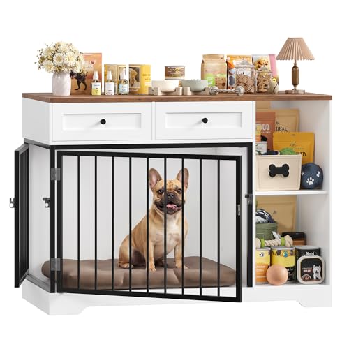FirFurd 120cm Gabbia per Cani con 2 Porte, Kennel Cane Medio con 2 Cassetti e 2 Scomparti Aperti, Cuccia in Stile Mobili con Stoccaggio in Metallo e Legno, 120x60x87 cm (Bianco+Marrone)