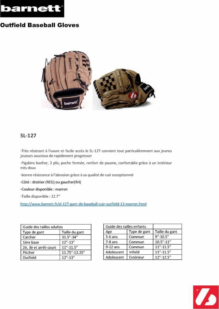 barnett SL-127 gant de baseball cuir outfield 12,7", pour gaucher, marron