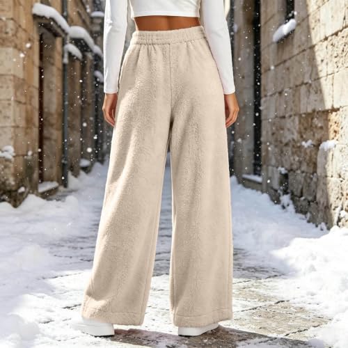 Women's Fuzzy Plush Pajama Pants Wide Leg Pj Bottoms Lounge Pants Beige - image 7