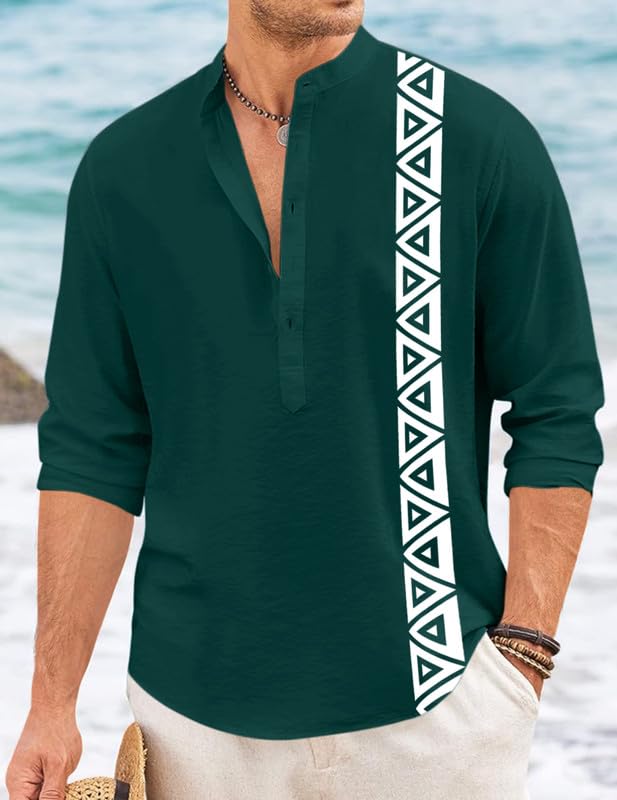 Image of FINIVO FASHION Men's Short Kurta with Printed Geometric Side Panel | Cotton Blend Full Sleeve Ethnic Topwear with Mandarin Collar | Stylish Indo-Fusion Kurta for Daily, Festive, or Casual Wear