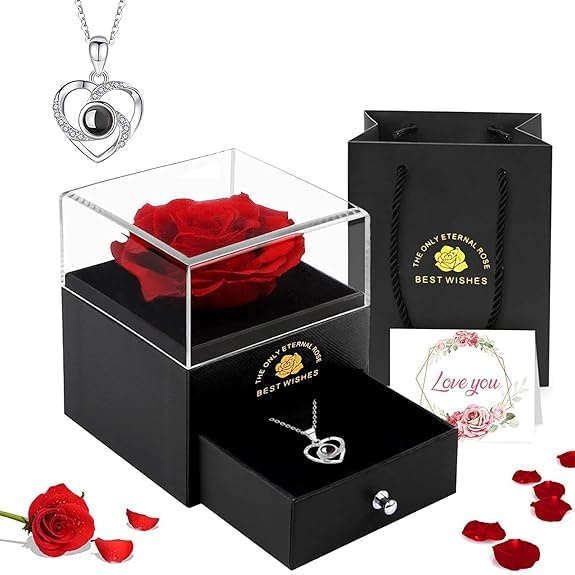 XVIA Preserved Real Rose Gift Box with Necklace, Romantic Jewelry...