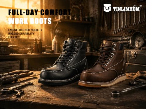 TINLIMHOM Moc Toe Work Boots for Men Soft Toe，Water Resistant Full Grain Leather Upper, Non-Slip Wedge Outsole Construction Work boots Size 10 M(Soft Toe Brown, Adult, Men, 10, Numeric, US Footwear Size System, Medium) - image 6