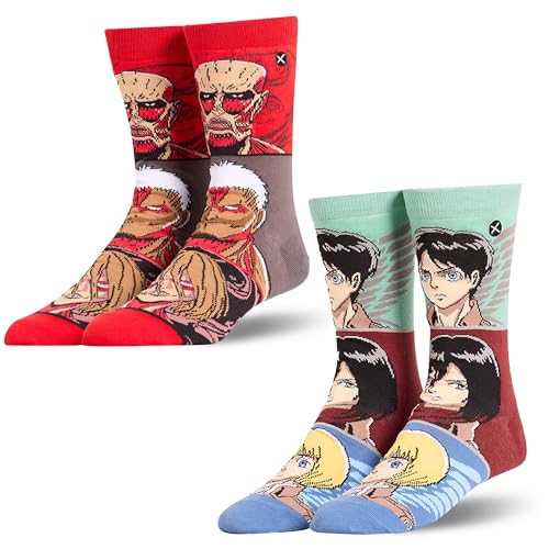 Odd Sox Attack on Titan Mash Up 2-Pack Novelty Crew Sock Bundle Size Large Mens 812 / Womens 9.513.5 Anime Fan Gift Durable Knit Comfort