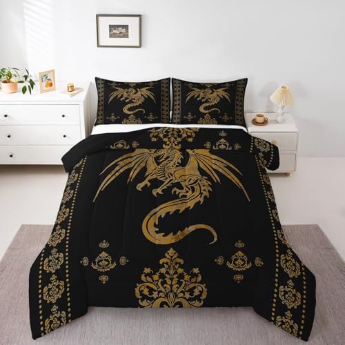 Image of Feelyou Dragon Bedding Set Kids Boys Teens Gothic Damask Paisley Floral Comforter Set Full Size Women Bohemian Exotic Duvet Insert Animal Theme Room Decor,Gold Black