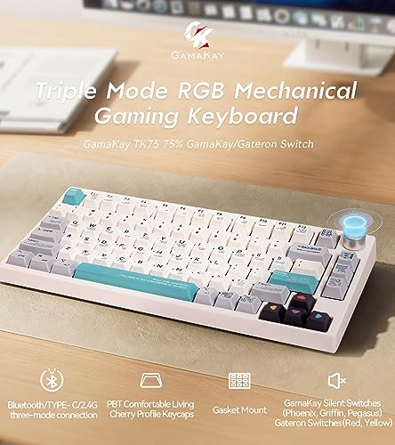 Image of GK GAMAKAY TK75 75% Hot Swap RGB Bluetooth 5.0 /2.4GHz Wireless /USB-C Wired Mechanical Keyboard with Knob Control, PBT Cherry Profile Keycaps Gaming Keyboard for Windows Mac (Gateron Red Switch)