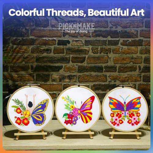 Image of picknMAKE Cross Stitch Embroidery Kit Combo Pack for Beginners & Adults - Includes 3 Unique Designs, Hoop, Printed Fabric, Threads, Needles, Cutter, and Instructions -Craft Hobby, Multicolor