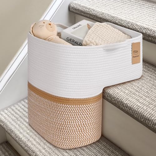 Image of Woven Stair Basket, Stair Baskets for Wooden Stairs, Carpeted Stairs Storage Basket with Handles, Staircase Baskets for Toys, Books, Yellow, 15 inch L x 10 inch W x 15 inch H