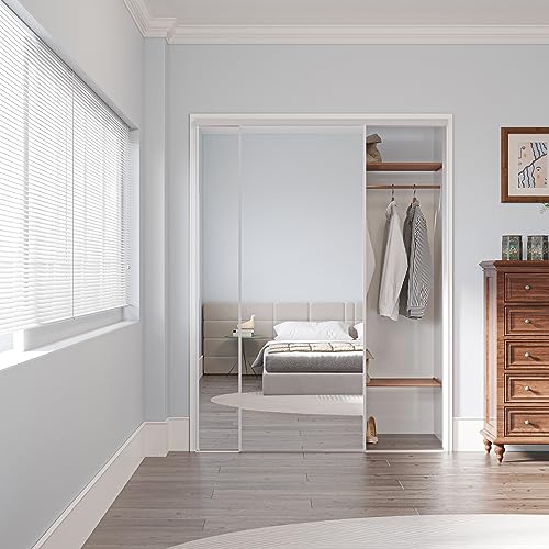 Mirrored Sliding Closet Doors 60 x 80(Double 30.4 x 80) Aluminum Frame Interior Door with Hardware Kit & Guide Mirror Closet Door Easy Install