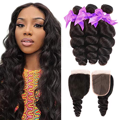 Miss CARA Loose Wave 3 Bundles with Closure Brazilian 3 Bundles 100% Unprocessed Virgin Human Hair Bundle Curly Wave Hair Bundles (14 16 18+12) Hair Extensions Free Part