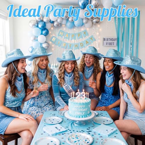 Image of Coume 12 Pcs Sparkly Adults Cowboy Hat and Bandanas Women Men Western Glitter Cowgirl Party Hats with Adjustable Drawstring