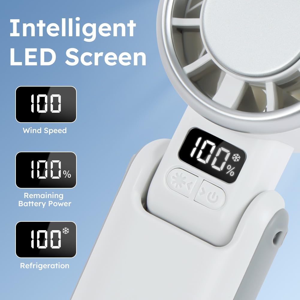 AUAUY Przenośny wentylator turbo, 5-biegowy, regulowany wentylator z wyświetlaczem LED, do użytku ręcznego, biurowego, na szyję lub składany, akumulator 3600 mAh, akumulator USB-C, do użytku na
