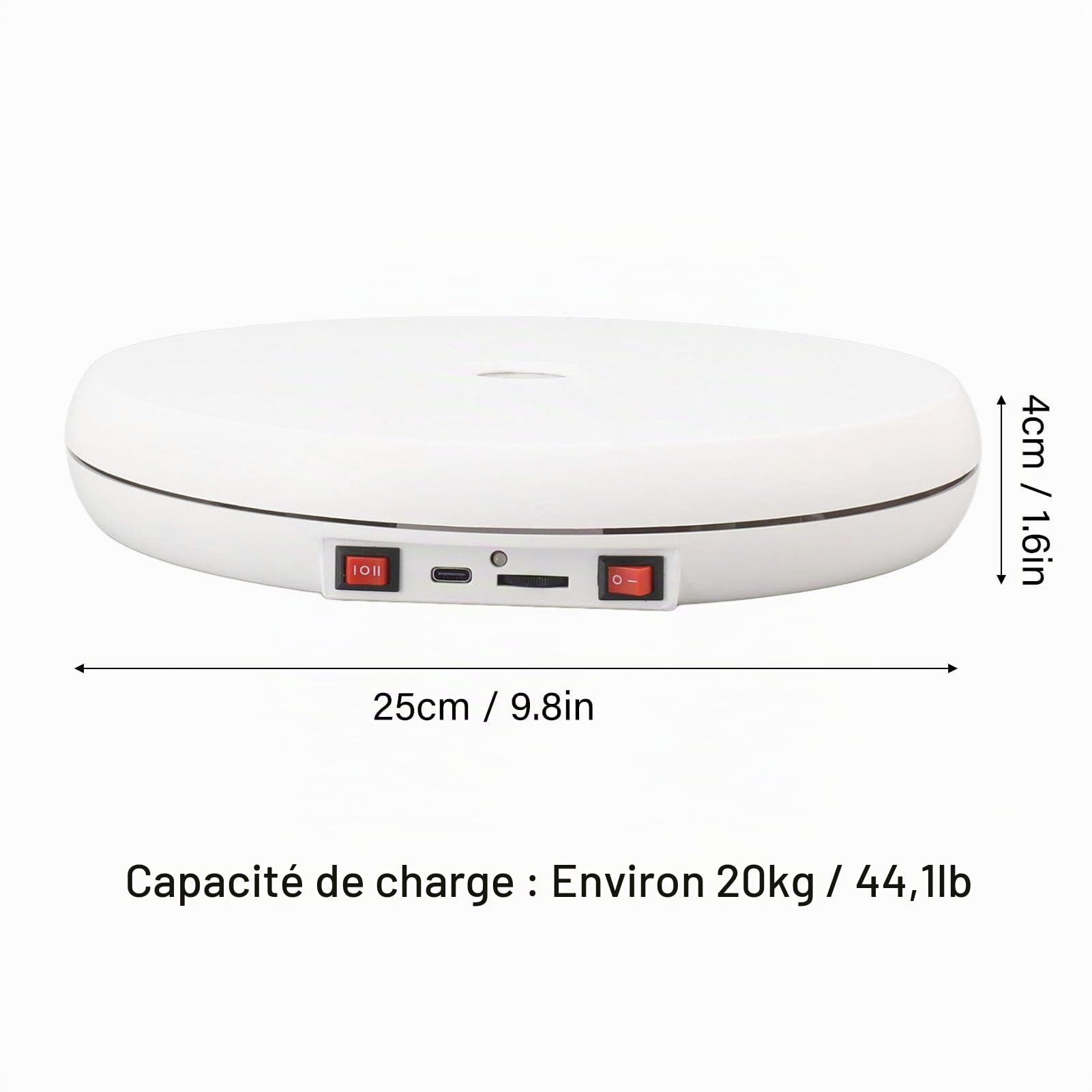 Mumusuki Présentoir Rotatif motorisé, Présentoir à Plateau Tournant Rotatif motorisé électrique avec Lumière LED de 10 Pouces/25cm de Diamètre 20kg pour Affichage de Magasin (Blanc)