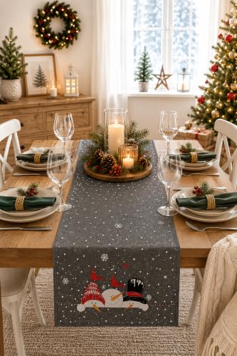 KAMACA Tischläufer 40x140 cm Schneemänner Stickerei Weihnachten Winter Deko – Ansicht 1