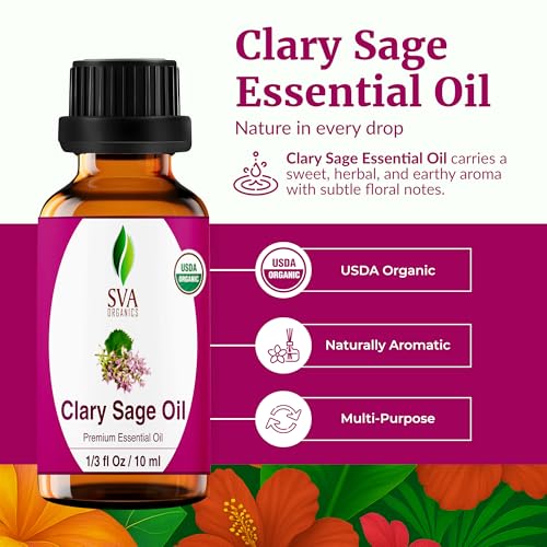 Image of SVA Clary Sage Essential Oil Organic - 1 /3 Fl Oz - 100% Natural Organic Clary Sage Oil - for Diffuser, Hair Care, Face, Skin Care, Aromatherapy, Scalp and Body Massage, Soap and Candle Making