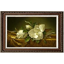 ELITEART-Magnolias on Gold Velvet Cloth by Martin Johnson Heade Oil Painting Reproduction Giclee Wall Art Canvas Prints Framedsf806M, Framed Size25"x 36"