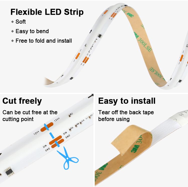 Image of COB FCOB LED Strip 16.4FT RGB+IC High Density Even Dream Chasing Color Light Addressable WS2811 720LED /m DC12V for House Indoor Decoration