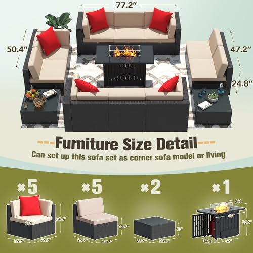 Image of Greesum Patio Furniture Sets 13-Pieces Outdoor PE Rattan Sectional Sofa w /43in Gas Fire Pit Table 55000 BTU Add Warmth to Gatherings Parties On Deck Garden Backyard,Light Beige