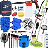 AUTODECO 44Pcs Car Wash Detailing Kit Cleaning Kits with Foam Gun Sprayer Wash Mop with Long Handle Collapsible Bucket Large Wash Mitt Towels Complete Interior Exterior Car Washing Supply Set Blue