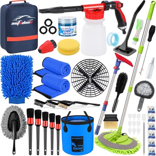AUTODECO 44Pcs Car Wash Detailing Kit Cleaning Kits with Foam Gun Sprayer Wash Mop with Long Handle Collapsible Bucket Large Wash Mitt Towels Complete Interior Exterior Car Washing Supply Set Blue