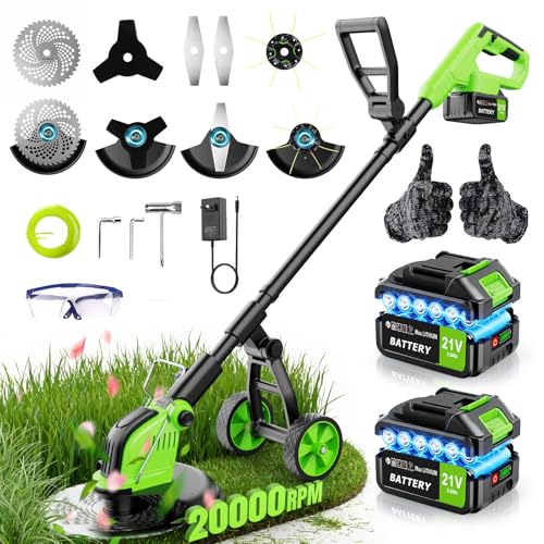 800W Brushless Cordless Weed Wacker with Wheels, Up to 20,000 RPM, 12' 4-in-1 String Trimmer, Weed Eater, Lawn Edger, Mini Mower & Brush Cutter, Foldable, 2×21V 4.0Ah Batteries, Up to 120 Min Runtime